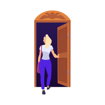 Young woman entering open door flat cartoon vector illustration isolated.のイラスト素材