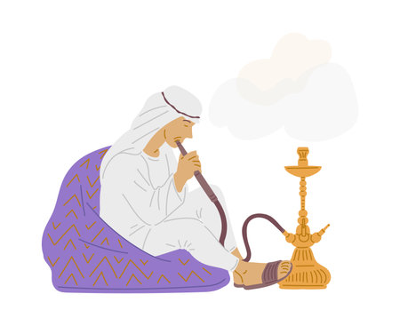 Arabic man in traditional clothes sitting smoking hookah flat vector isolated.のイラスト素材