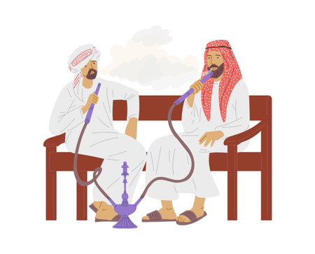 Men in oriental clothing smoking hookah or kalabash, flat vector isolated.のイラスト素材