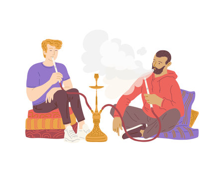 Caucasian men smoking hookah or calabash flat vector illustration isolated.のイラスト素材