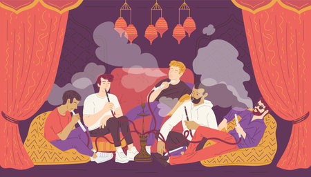 Men smoking hookah sitting on puffs flat style, vector illustrationのイラスト素材