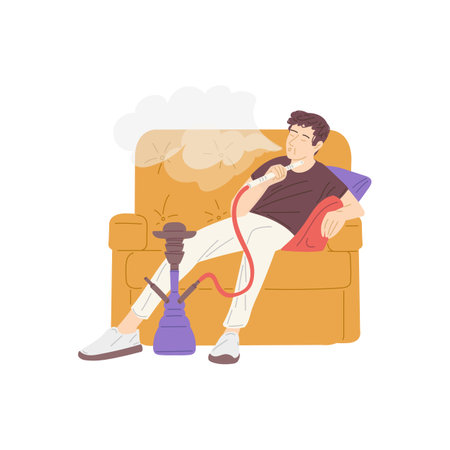 Caucasian man chilling in chair and smoking hookah, flat vector isolated.
