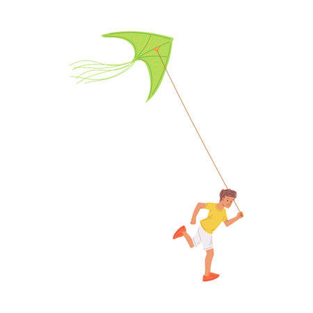 Little boy running with green flying kite flat style, vector illustrationのイラスト素材