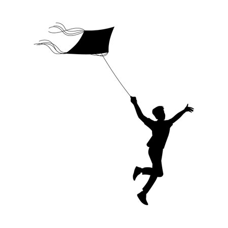 Black silhouette of running and jumping boy with kite flat styleのイラスト素材
