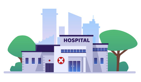 Hospital building exterior in city, flat vector illustration isolated on white background.のイラスト素材