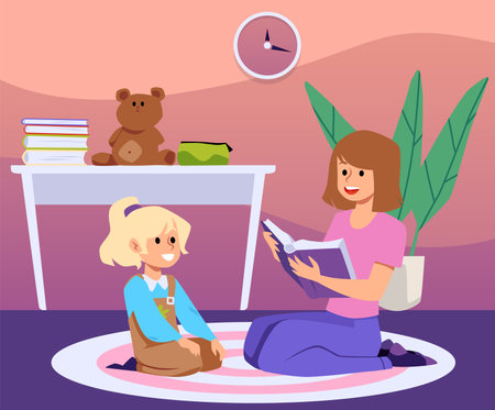 Young mother or babysitter reading fairy tale book to little girl, flat vector illustration.のイラスト素材
