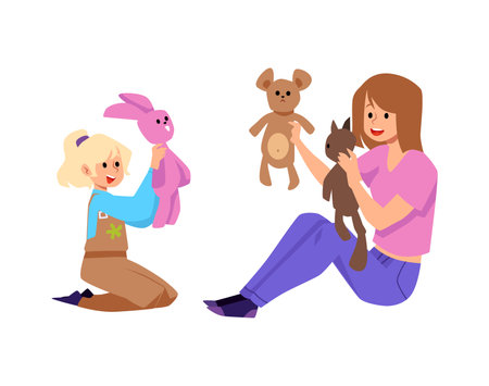 Nanny and little girl playing together with stuffed toys, flat vector illustration isolated on white background.のイラスト素材