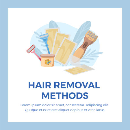 Hair removal methods square banner or poster template flat vector illustration.のイラスト素材