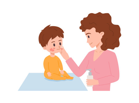 Smiling kid boy having atopic dermatitis rash on cheeks flat styleのイラスト素材