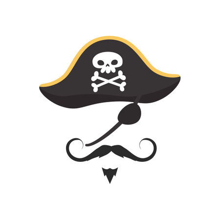 Pirate carnival mask with hat and moustaches, flat vector illustration isolated.のイラスト素材
