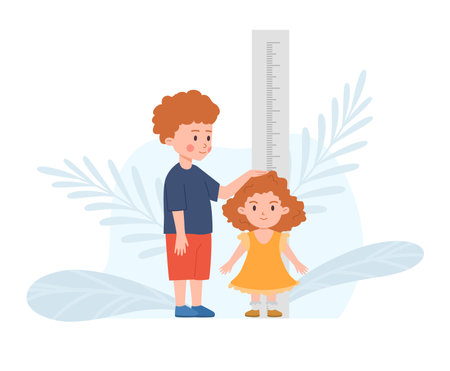 Boy and girl measure height with stadiometer scale vector illustration isolated.のイラスト素材