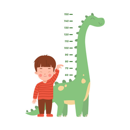 Child next to height meter scale in shape of dino, vector illustration isolated.のイラスト素材