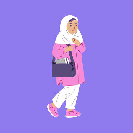 Arabic Muslim kid girl going to school, flat vector illustration isolated.のイラスト素材