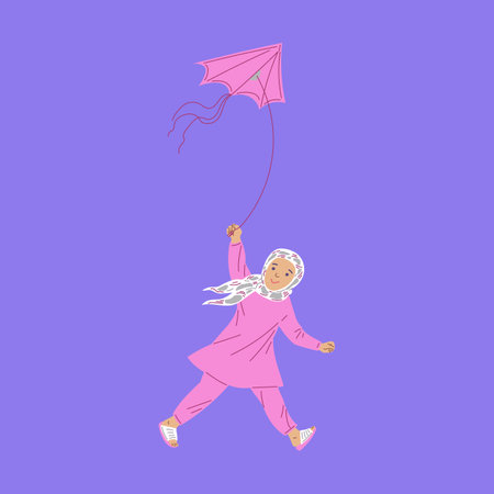 Happy arab girl playing with kite, flat vector illustration isolated on purple background.のイラスト素材
