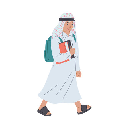 Arabic Muslim school boy cartoon character, flat vector illustration isolated.のイラスト素材