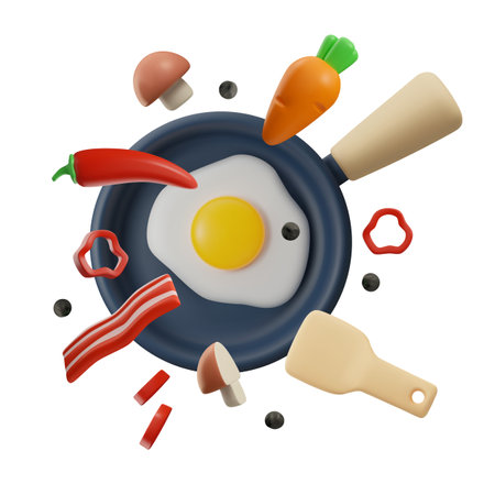 Frying pan with egg and vegetables, 3D realistic vector illustration isolated.のイラスト素材