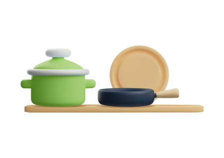 Realistic pot, pan and plate on shelf 3D style, vector illustrationのイラスト素材