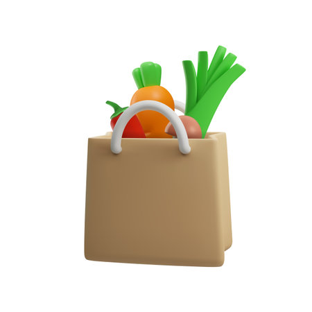 Paper shopping bag with fresh food inside, 3d style vector illustration isolated on white background.のイラスト素材