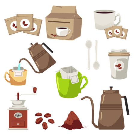 Drip coffee and brewing process icons set of flat vector illustration isolated.のイラスト素材