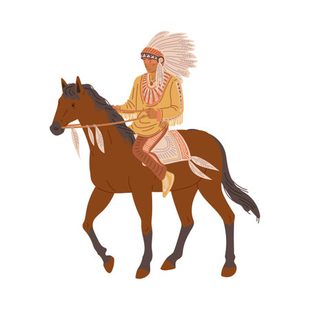 American Indian man riding horse flat style, vector illustrationのイラスト素材