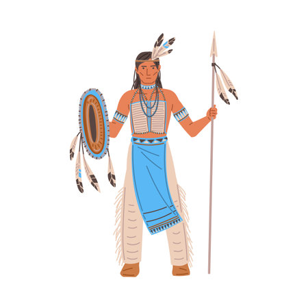 Standing American Indian in traditional costume with feathers flat styleのイラスト素材