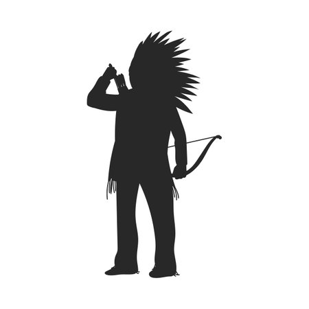 Black silhouette of American Indian holding bow and pulling arrow from quiverのイラスト素材