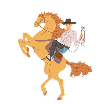 Cowboy riding horse with lasso, flat vector illustration isolated on white background.のイラスト素材