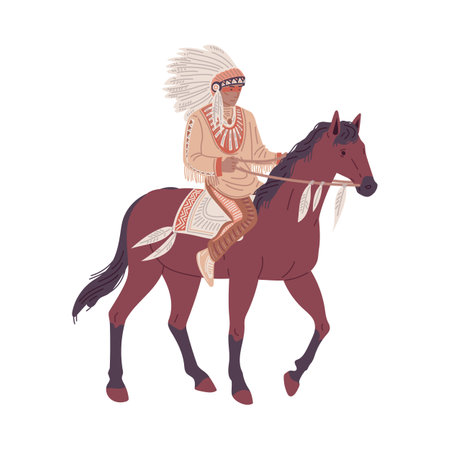 Native Americans tribe member riding horse, flat vector illustration isolated on white background.のイラスト素材