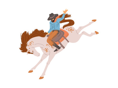 Cool cowboy riding horse, flat vector illustration isolated on white background.のイラスト素材
