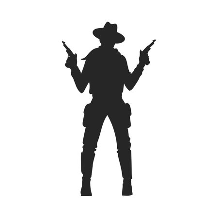 Cowboy holding two guns, black silhouette - flat vector illustration isolated on white background.のイラスト素材