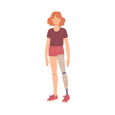 Smiling young girl with prosthetic leg flat style, vector illustrationのイラスト素材