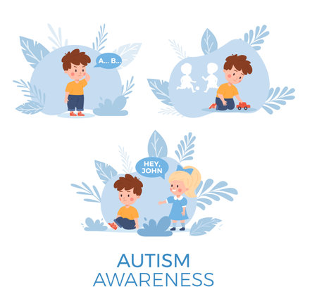 Autism awareness concept, boy with symptoms of autism spectrum disorder - flat vector illustration isolated on white.のイラスト素材