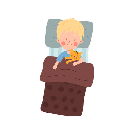 Top view of bed with sleeping boy flat cartoon vector illustration isolated.のイラスト素材