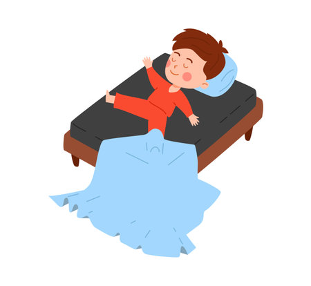 Funny little boy sleeping in bed with blanket on floor, flat vector illustration isolated on white background.のイラスト素材