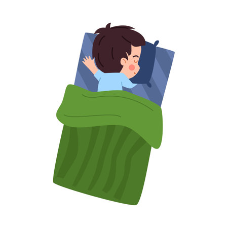 Top view of bed with child boy sleeping on his stomach, flat vector isolated.のイラスト素材