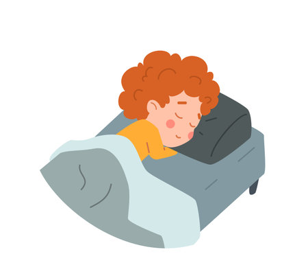 Little boy sleeping on side flat vector illustration isolated on background.のイラスト素材