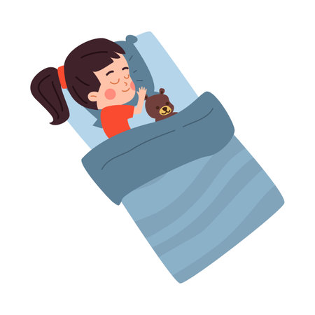 Girl with teddy toy sleeping under blanket flat vector illustration isolated.のイラスト素材