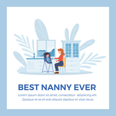 Best nanny banner or card with woman feeding a child, flat vector isolated.のイラスト素材