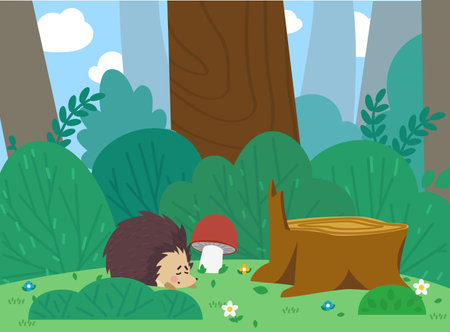 Cute hedgehog sleeping on lawn near stump flat styleのイラスト素材