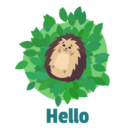 Cute little hedgehog lying on its back, welcoming greeting card, cartoon flat vector illustration.のイラスト素材