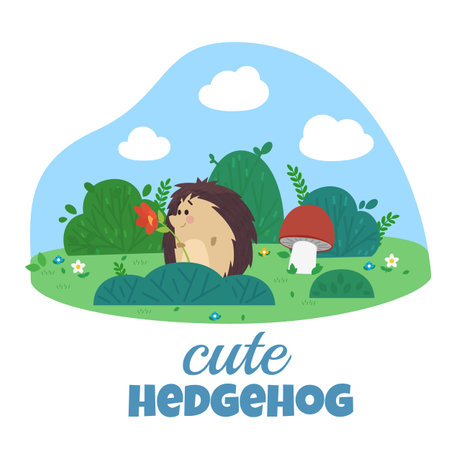 Cute little hedgehog in summer forest for kids prints flat vector illustration.のイラスト素材