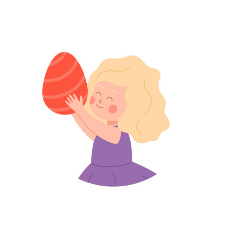 Happy little girl holding big Easter egg, cartoon flat vector illustration isolated on white background.のイラスト素材