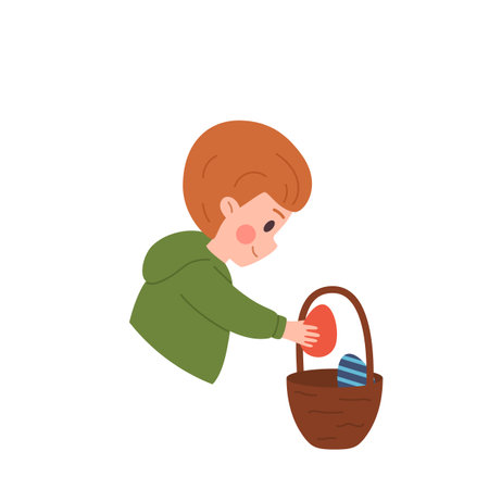 Smiling little boy collecting Easter eggs in basket, cartoon flat vector illustration isolated on white background.のイラスト素材