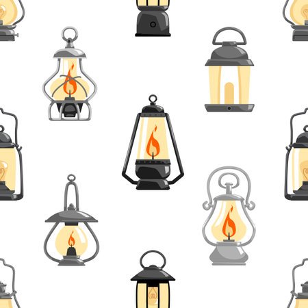 Vintage gas, kerosene and oil lanterns - seamless pattern, cartoon flat vector illustration on white background.のイラスト素材