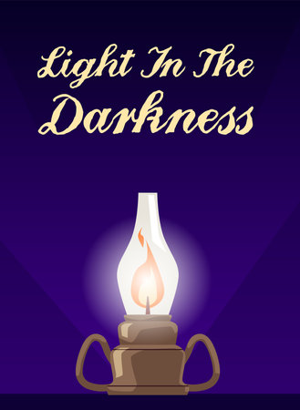 Light in the darkness inscription on poster with vintage oil lantern, flat vector illustration.のイラスト素材