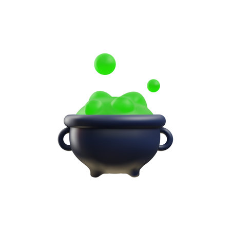 Witches cauldron with green potion or poison, icon, 3D realistic vector isolated.のイラスト素材