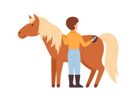 Farmer or rider caring for a horse flat vector illustration isolated on white.のイラスト素材