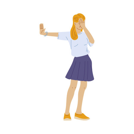 Standing woman covers face with hand and puts palm out flat styleのイラスト素材