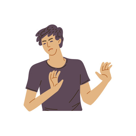 Young man squints and turns away flat style, vector illustrationのイラスト素材