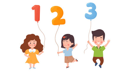 Happy little boy and girls holding colorful balloons in form of numbersのイラスト素材